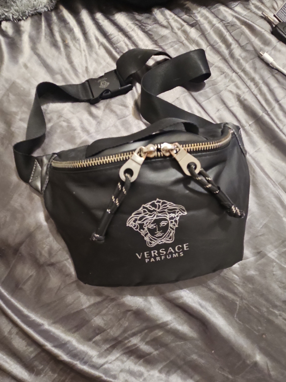 Versace Parfums Black Logo Buckle Belt Bag Strap